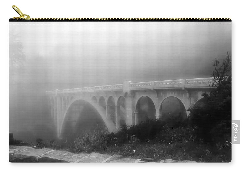 Stone Wall Zip Pouch featuring the photograph Bridge In Fog by KATIE Vigil