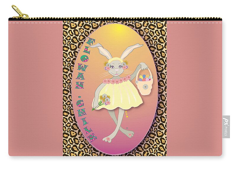 Bunnie Bunny Girl Female Lady Boy Joy Star Sky Ground Clouds Trees Egg Rabbit Hare Hop Blue Red Green Purple Yellow Gold Silver Rose Beige Classy Zip Pouch featuring the digital art Bunnie Girls- Flowah Chile 1 Of 4 by Brenda Dulan Moore