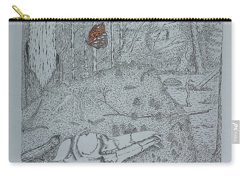 Nature Zip Pouch featuring the drawing Canine Skull And Butterfly by Daniel Reed