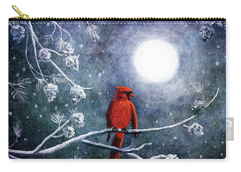 Christmas Zip Pouch featuring the digital art Cardinal on a Wintry Night by Laura Iverson