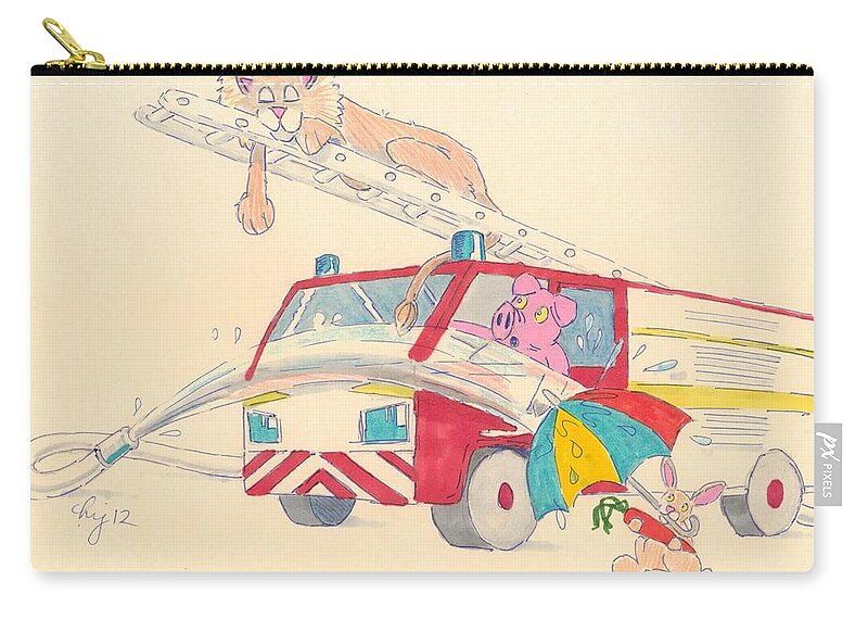 Red Zip Pouch featuring the drawing Cartoon Fire Engine and Animals by Mike Jory