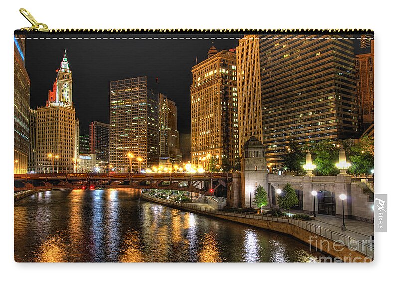 Wrigley Tower Zip Pouch featuring the photograph Chiacgo downtown at night by Dejan Jovanovic