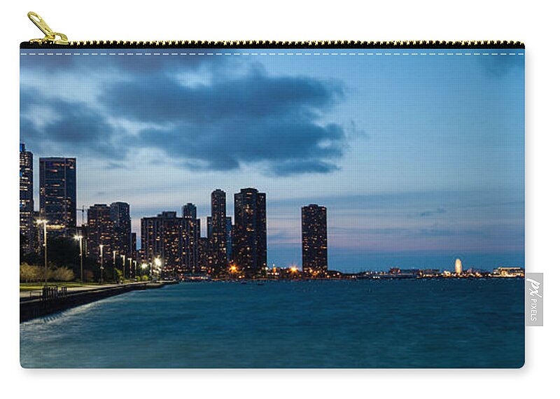 Chicago Skyline Zip Pouch featuring the photograph Chicago skyline and Navy Pier at Dusk by Semmick Photo