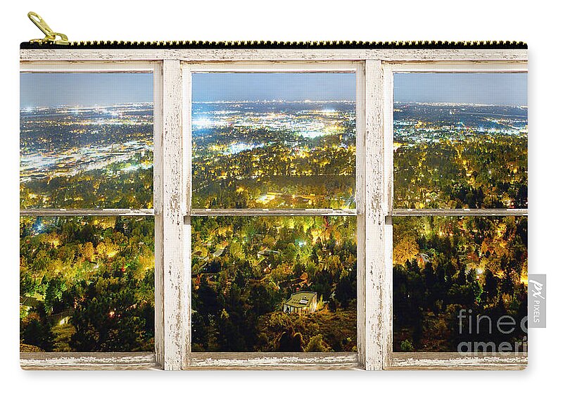 'window Frame Art' Zip Pouch featuring the photograph City Lights White Rustic Picture Window Frame Photo Art View by James BO Insogna