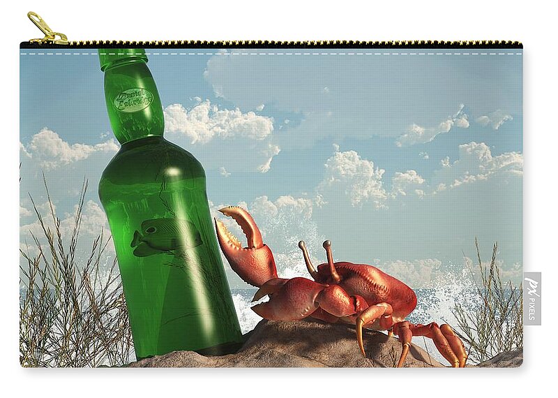 Sand Crab Carry-all Pouch featuring the digital art Crab with Bottle on the Beach by Daniel Eskridge