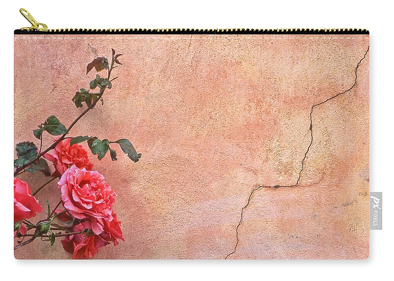 Rose Zip Pouch featuring the photograph Cracked Wall and Rose by Tom and Pat Cory