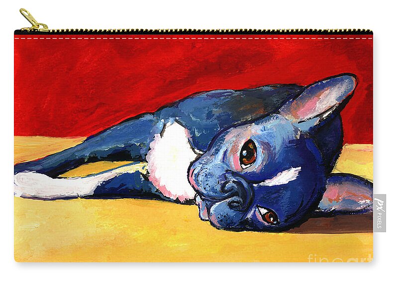 Cute Boston Terrier Zip Pouch featuring the painting Cute sleepy Boston Terrier dog painting print by Svetlana Novikova