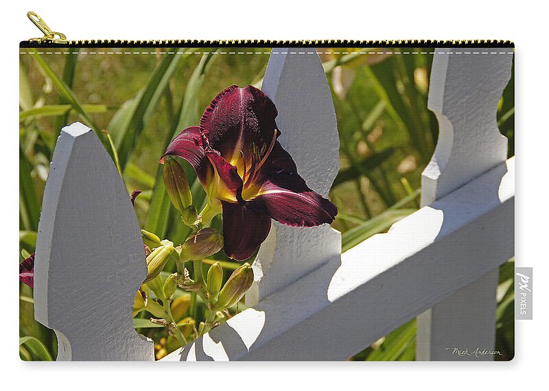 Day Lily Zip Pouch featuring the photograph Day Lily and White Fence II by Mick Anderson
