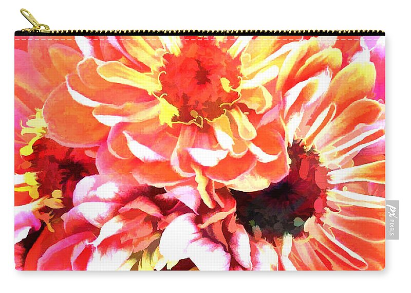 Flower Flowers Garden Zinnias Zinnia Abstract Orange Colorful Flora Floral Nature Natural Zip Pouch featuring the painting Explosion of Bright Zinnias by Elaine Plesser