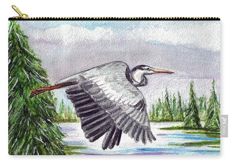 Heron In Flight Zip Pouch featuring the painting Flight of Fantasy by Clara Sue Beym