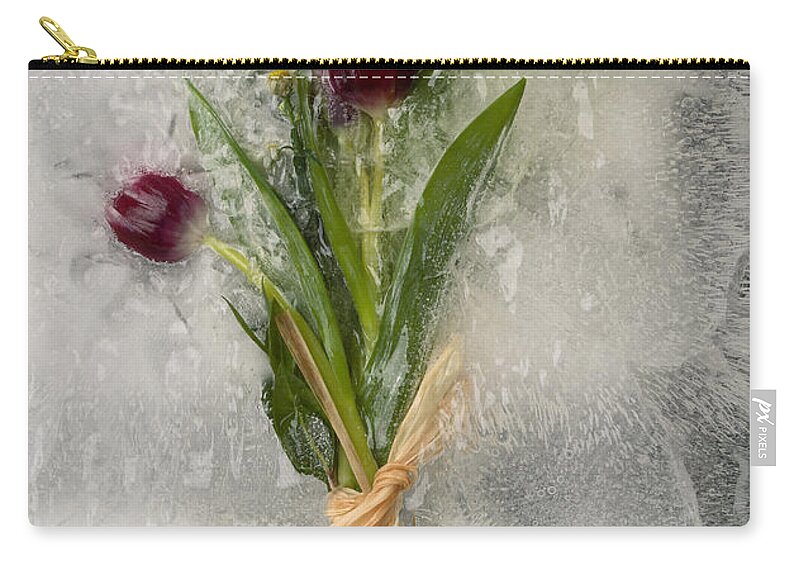 Ice Zip Pouch featuring the photograph Flowers Frozen In Ice by Ted Kinsman