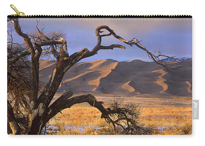 00176731 Zip Pouch featuring the photograph Grasslands And Dunes Great Sand Dunes by Tim Fitzharris