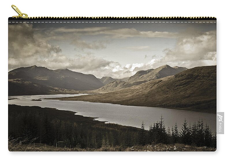 Highlands Zip Pouch featuring the photograph Highland view Loch Loyne aged by Gary Eason