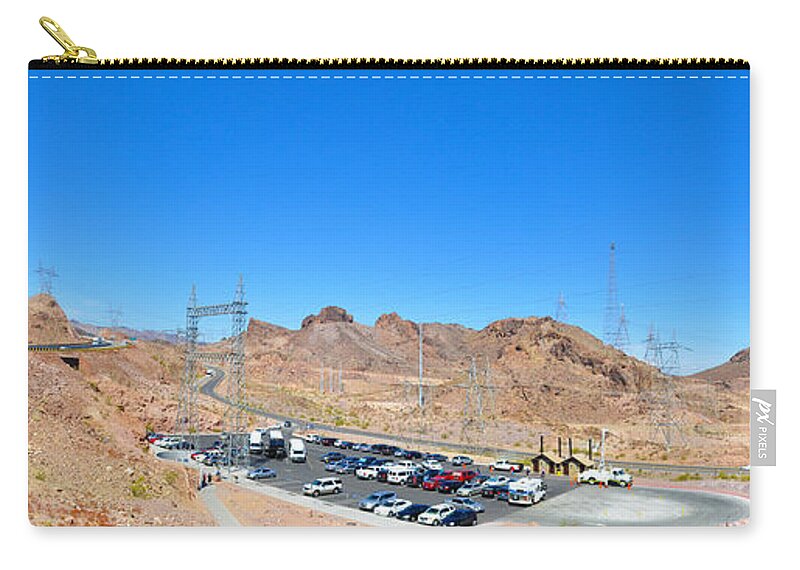 Lake Meade Zip Pouch featuring the photograph Visitors parking lot for Great Bridge at Hoover Dam by Dejan Jovanovic