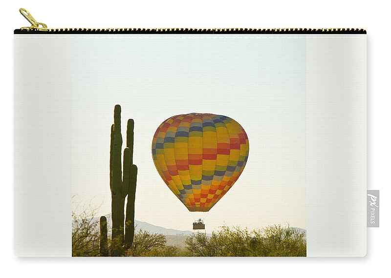 Arizona Zip Pouch featuring the photograph Hot Air Balloon In the Arizona Desert With Giant Saguaro Cactus by James BO Insogna