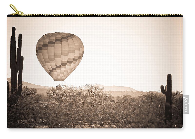 Arizona Zip Pouch featuring the photograph Hot Air Balloon On the Arizona Sonoran Desert In BW by James BO Insogna
