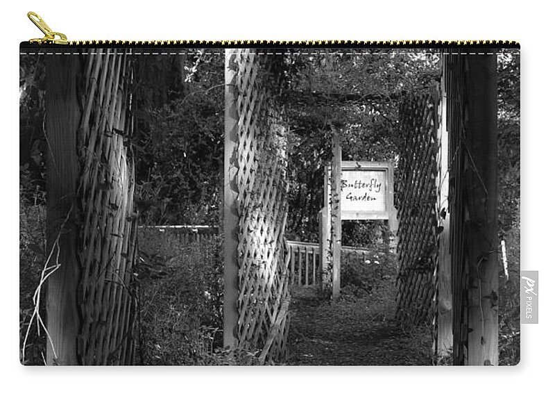 Arbors Zip Pouch featuring the photograph Into the Butterfly Garden BW by DigiArt Diaries by Vicky B Fuller