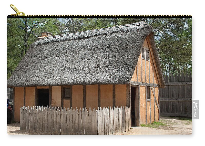 Jamestown Zip Pouch featuring the photograph Jamestown Hut by Karen Harrison Brown