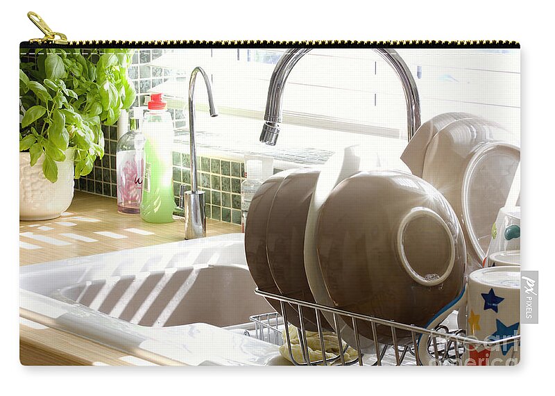 Kitchen Zip Pouch featuring the photograph Kitchen sink and washing up in summer sunlight by Simon Bratt