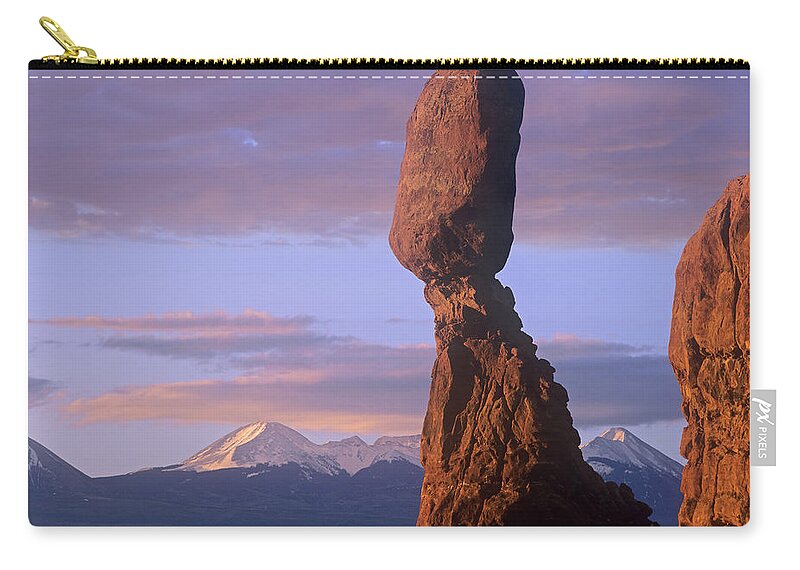 00177096 Zip Pouch featuring the photograph La Sal Mountains And Balanced Rock by Tim Fitzharris