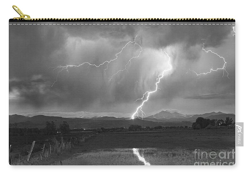 Awesome Zip Pouch featuring the photograph Lightning Striking Longs Peak Foothills 2BW by James BO Insogna