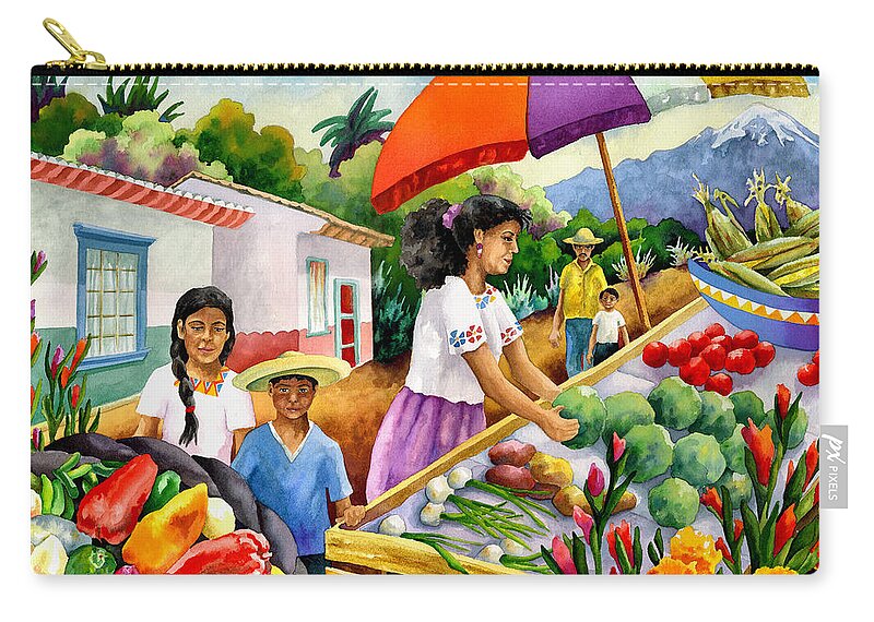 Marketplace Painting Zip Pouch featuring the painting Mexican Marketplace by Anne Gifford