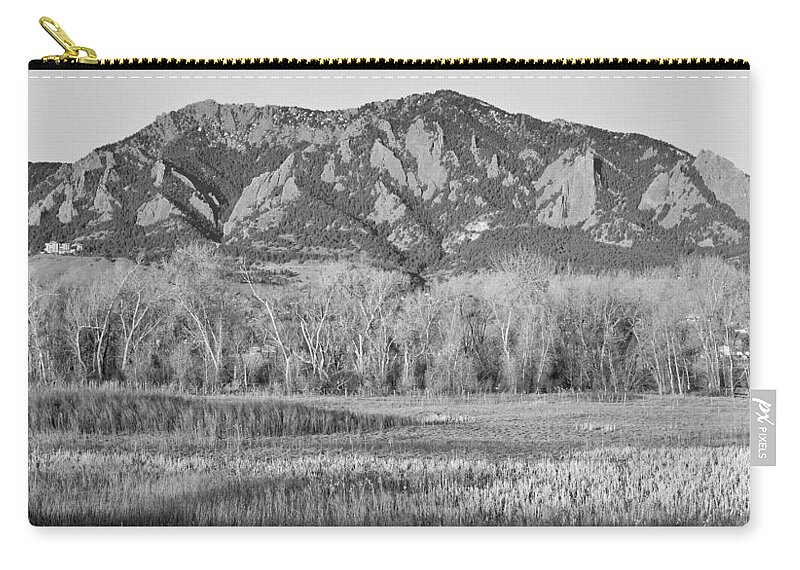 'flatiron' Zip Pouch featuring the photograph NCAR and Flatiron View Boulder Colorado BW by James BO Insogna