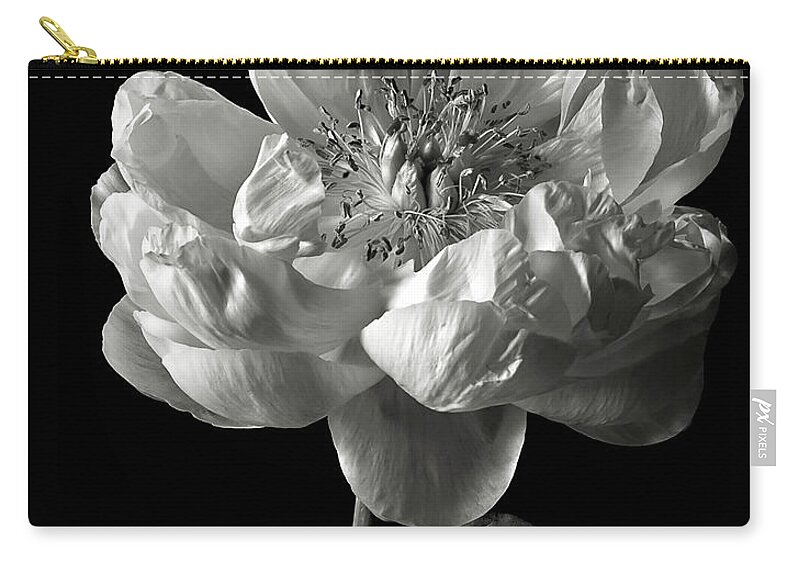 Flower Zip Pouch featuring the photograph Open Peony in Black and White by Endre Balogh
