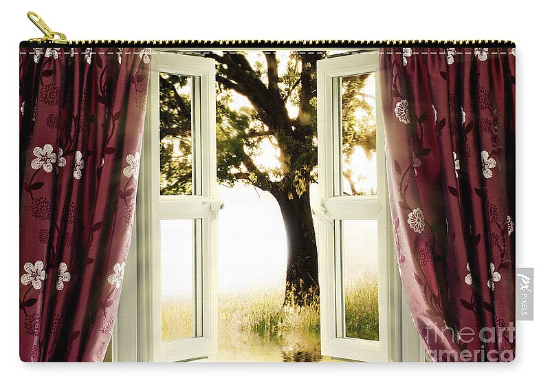 Window Zip Pouch featuring the photograph Open window to tree by Simon Bratt