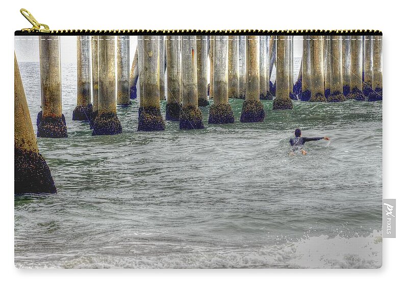 Huntington Pier Zip Pouch featuring the photograph Paddling Out by Richard Omura