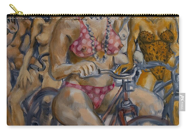 Nudes Carry-all Pouch featuring the painting Painted ladies on the naked bike ride take a break in view of the London Eye by Peregrine Roskilly