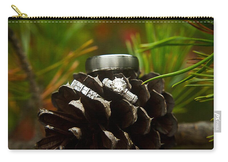 Romance Zip Pouch featuring the photograph Pine Cone and Wedding Band by Douglas Barnett