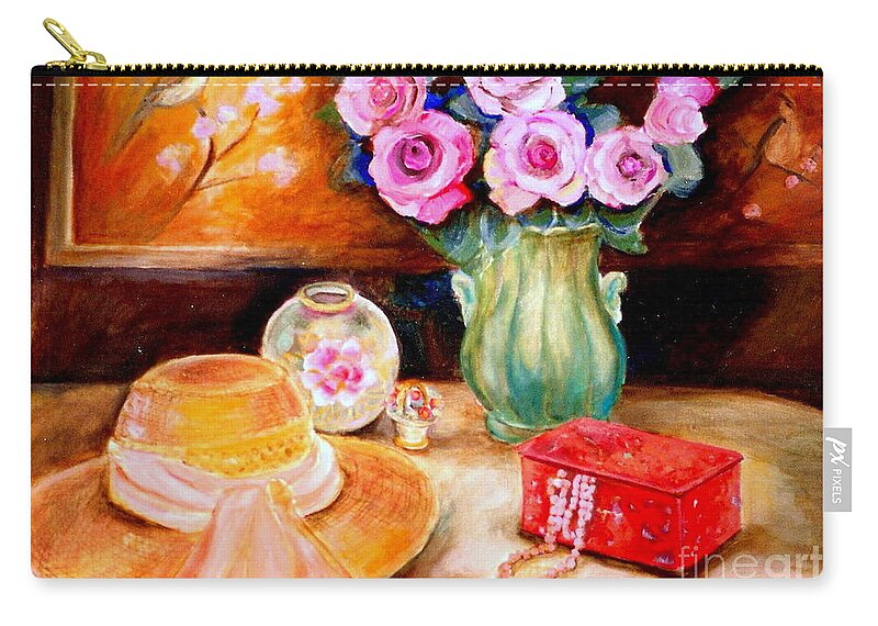 Objets D'art Zip Pouch featuring the painting Pink Roses In A Green Vase With A String Of Pearls And A Pretty Summer Straw Hat by Carole Spandau