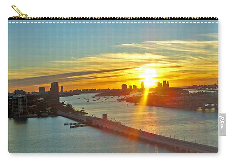 Miami Panorama Zip Pouch featuring the photograph Port of Miami Panorma at sundown by Dejan Jovanovic
