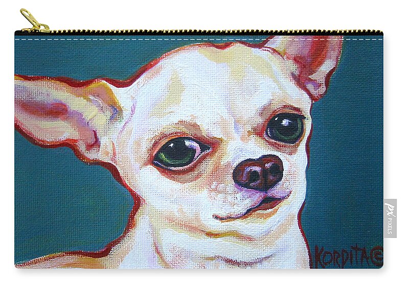 Rebecca Korpita Zip Pouch featuring the painting White Chihuahua - Puddy by Rebecca Korpita