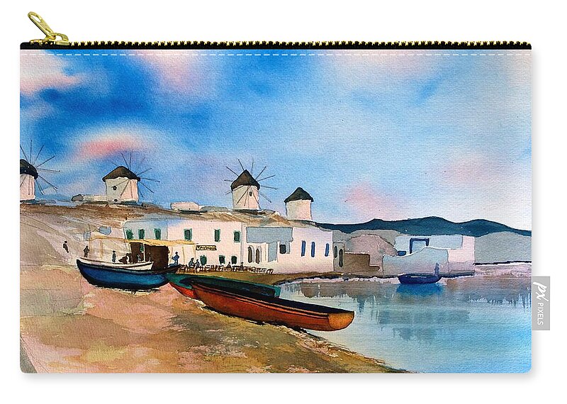 Mykonos Zip Pouch featuring the painting Quiet Days by Frank SantAgata