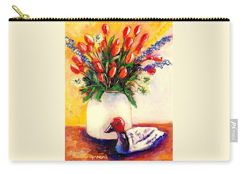 Red Roses Zip Pouch featuring the painting Red Roses In A White Vase by Carole Spandau