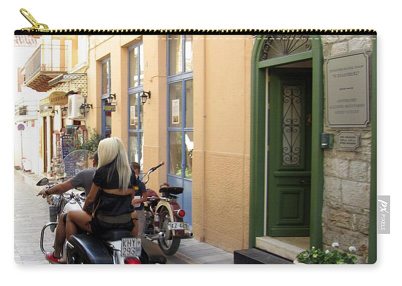 Motorcycle Zip Pouch featuring the photograph Girl Riding on Motorcycle with Handsome Bike Rider Speed Stone Paved Street in Nafplion Greece by John Shiron