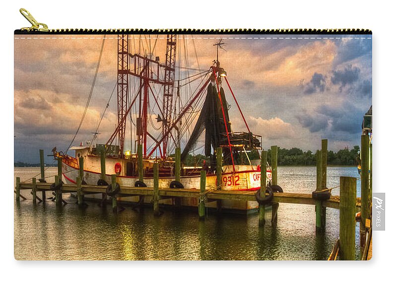 Clouds Zip Pouch featuring the photograph Shrimp Boat at Sunset by Debra and Dave Vanderlaan