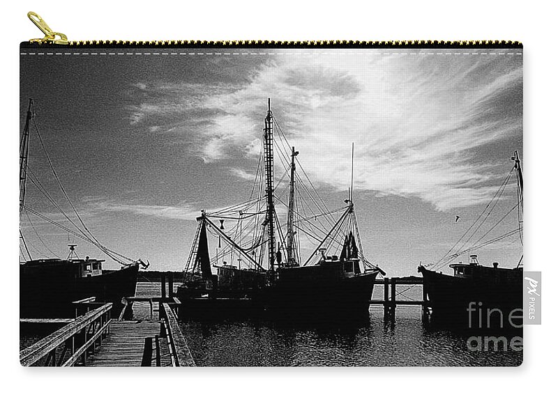 Boat Zip Pouch featuring the photograph Shrimp Boats - bw by Leslie Revels