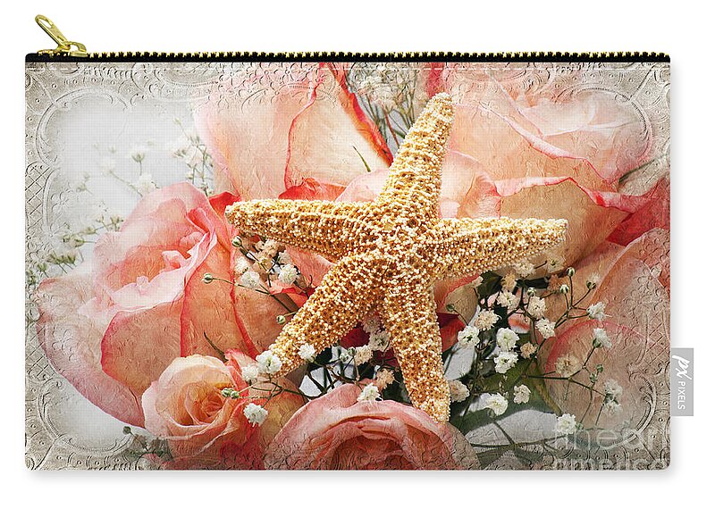 Pink Zip Pouch featuring the photograph Starfish And Pink Roses by Andee Design