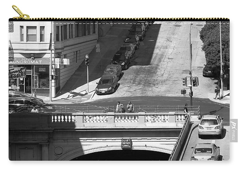 Black And White Zip Pouch featuring the photograph Stockton Street Tunnel Midday Late Summer in San Francisco . Black and White Photograph 7D7499 by Wingsdomain Art and Photography
