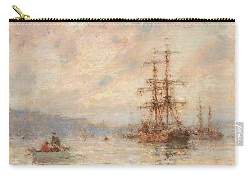 Sea; C19th; C20th; Sailing Ship; Rowing Boat; Boats; Seascape; Shipping; Ships; Masts; Mast; Silhouette; Henry Scott Tuke Zip Pouch featuring the painting Sundown by Henry Scott Tuke
