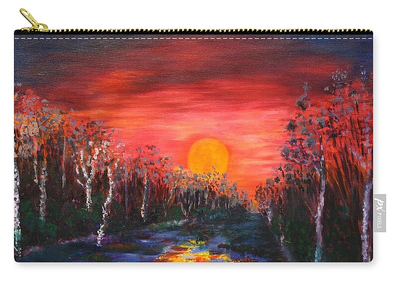 Sunset Zip Pouch featuring the painting Sunset with Birch Trees by Karin Eisermann