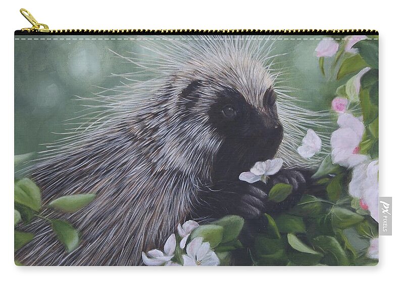 Porcupine In Apple Tree Zip Pouch featuring the painting Sweet Treat by Tammy Taylor