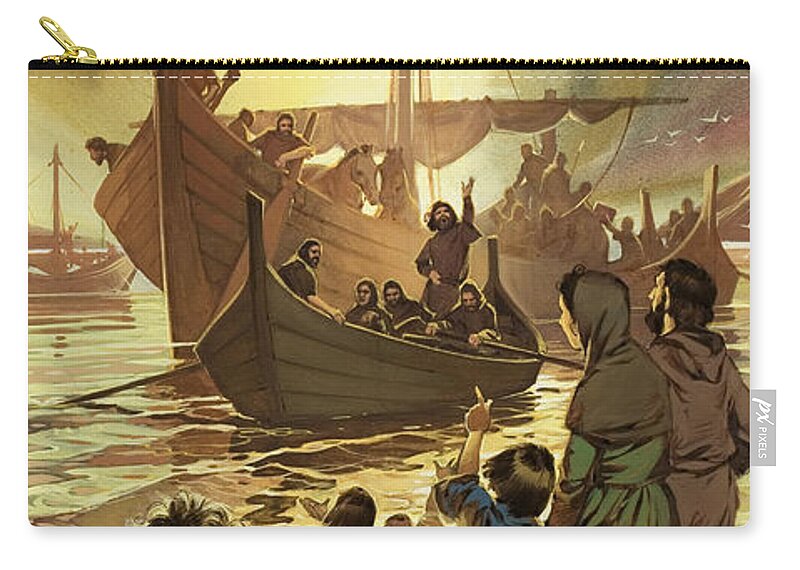 Ship; Boat; Sea; Water; Night; Sunset; Waving; Male; Female; Onlooker; Shore Zip Pouch featuring the painting The Parting by Angus McBride