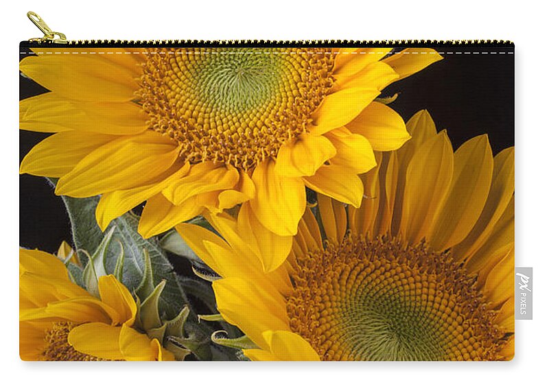 Three Sunflower Zip Pouch featuring the photograph Three sunflowers by Garry Gay