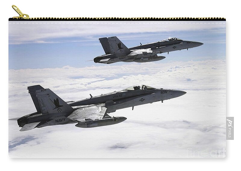 Color Image Zip Pouch featuring the photograph Two Fa-18c Hornets Fly Over The Pacific by Stocktrek Images