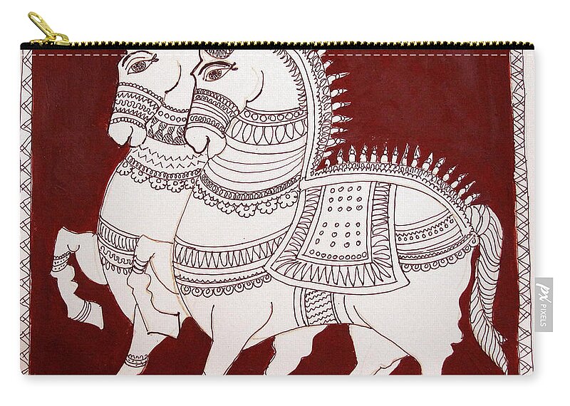 Horses Kalamkari Style Zip Pouch featuring the painting Two horses by Asha Sudhaker Shenoy