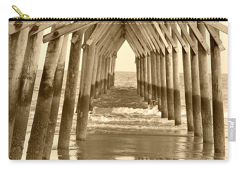 Boardwalk Zip Pouch featuring the photograph Under the Pier - Sunset Beach in sepia by Suzanne Gaff